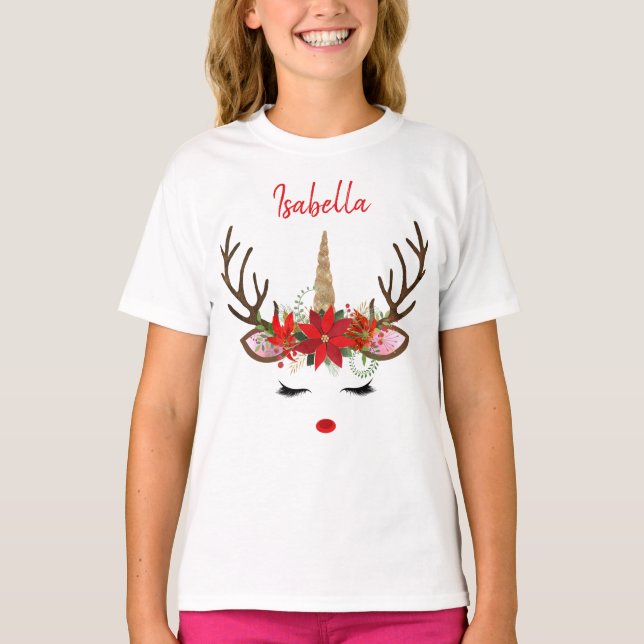 Red & Gold Monogram Christmas Unicorn Reindeer T-Shirt (Front)