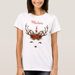 Red & Gold Monogram Christmas Unicorn Reindeer T-Shirt