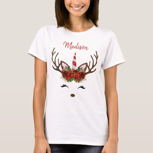 Red & Gold Monogram Christmas Unicorn Reindeer T-Shirt (Front)