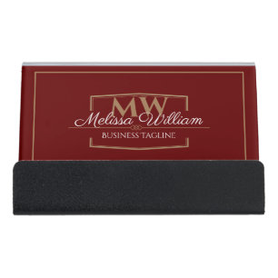 Red Gold Monogram Desk Business Card Holder