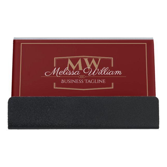 Red Gold Monogram Desk Business Card Holder (Front)