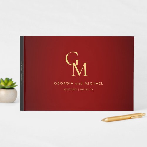 Red  Gold Monogram Elegant Minimalist Wedding Guest Book