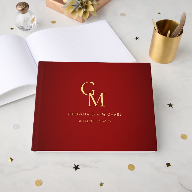 Red & Gold Monogram Elegant Minimalist Wedding Guest Book (Front Open)