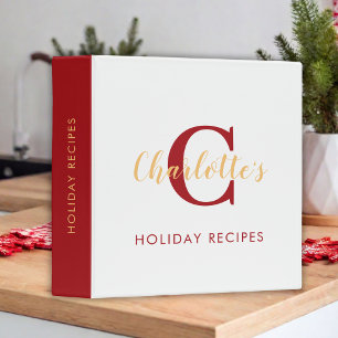 Red Gold Monogrammed Custom Holiday Recipes 3 Ring Binder