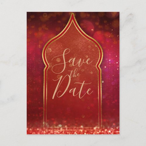 Red  Gold Moroccan Arabian Nights Save the Date Announcement Postcard