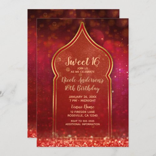 Red  Gold Moroccan Arabian Nights Sweet 16 Party Invitation