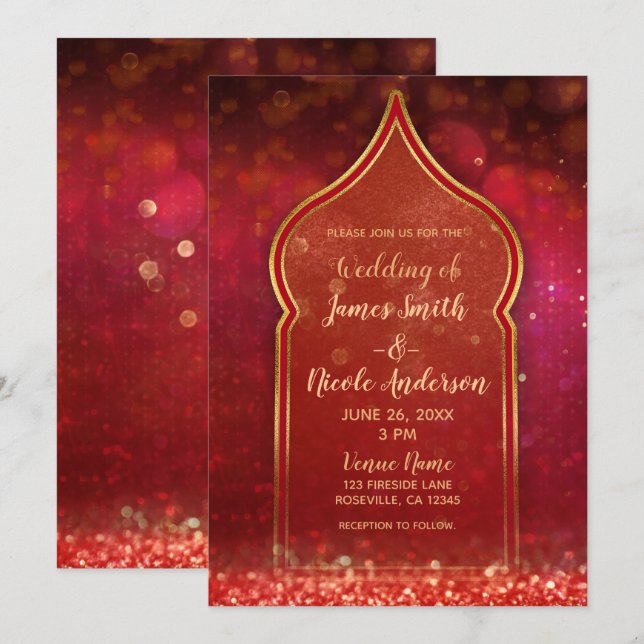 Red & Gold Moroccan Arabian Nights Wedding Invitation (Front/Back)