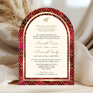 Red Gold Moroccan QR Code Sikh Arch Wedding Invitation
