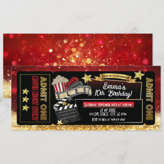 Red & Gold Movie Ticket Birthday Party Invitation