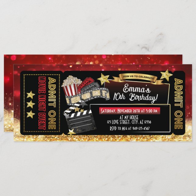 Red & Gold Movie Ticket Birthday Party  Invitation (Front/Back)