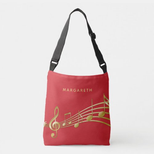 Red gold music notes musician name crossbody bag