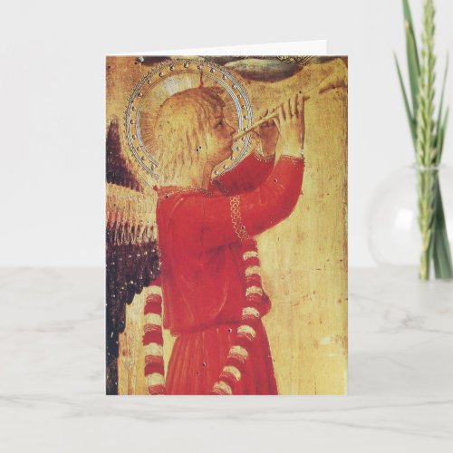 RED GOLD MUSICAL ANGEL PLAYING WOODWIND INSTRUMENT HOLIDAY CARD