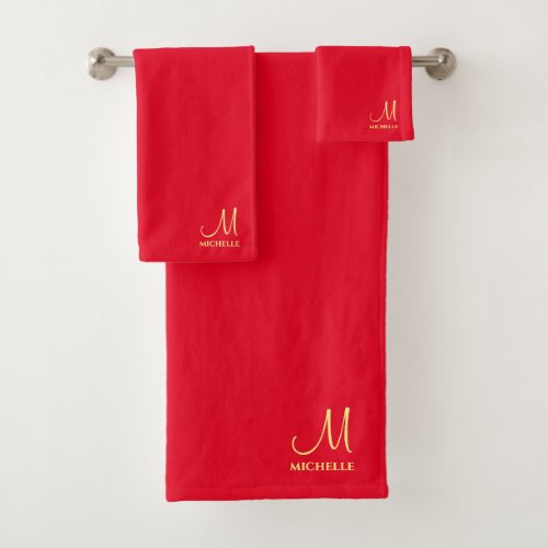 Red  Gold Name Handwritten Monogram Template Bath Towel Set