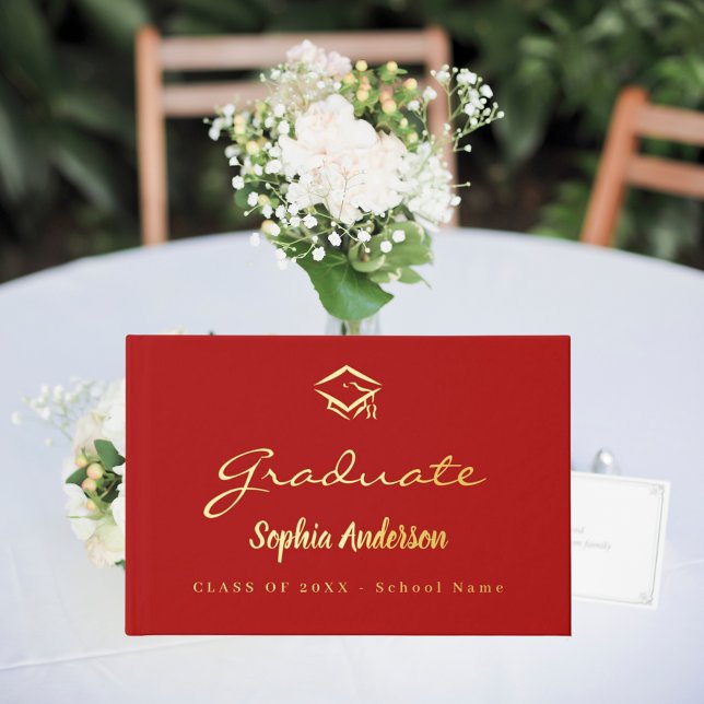 Red gold name script cap Graduation Foil Guest Book (Creator Uploaded)