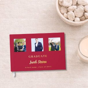 Red gold name script photo Graduation Foil Guest Book