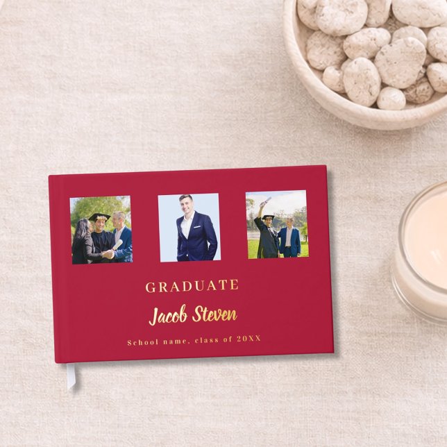 Red gold name script photo Graduation Foil Guest Book (Creator Uploaded)