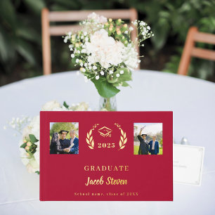 Red gold name script photo Graduation Foil Guest Book