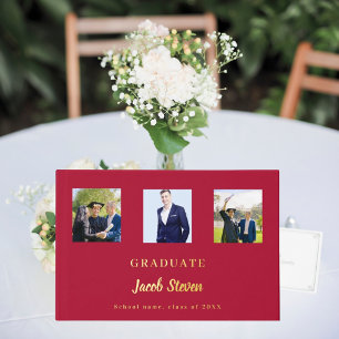 Red gold name script photo Graduation Foil Guest Book