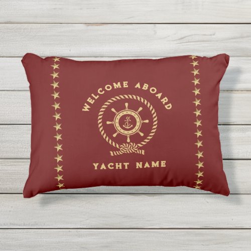 Red Gold Nautical Boat Wheel Knot Stars Outdoor Pillow