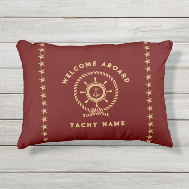 Red Gold Nautical Boat Wheel Knot Stars Outdoor Pillow (Front)
