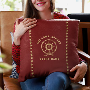 Red Gold Nautical Boat Wheel Knot Stars Throw Pillow