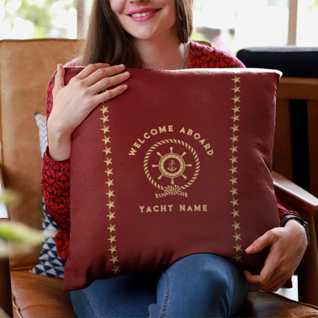 Red Gold Nautical Boat Wheel Knot Stars Throw Pillow (Creator Uploaded)