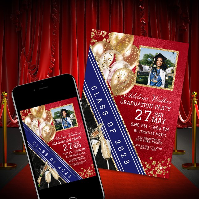 Red Gold Navy Blue Graduation Party Invitation (Creator Uploaded)