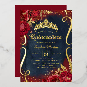 Red Gold Navy Floral Scroll Quinceanera  Foil Invitation