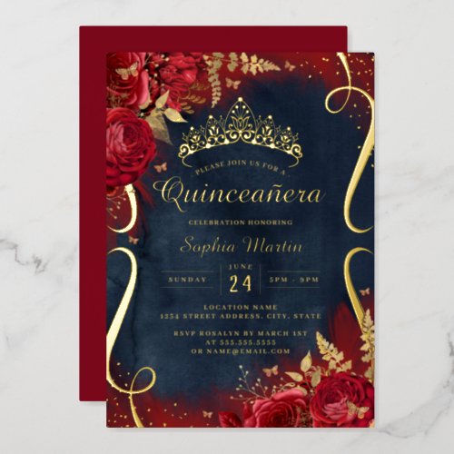 Red Gold Navy Floral Scroll Quinceanera  Foil Invitation