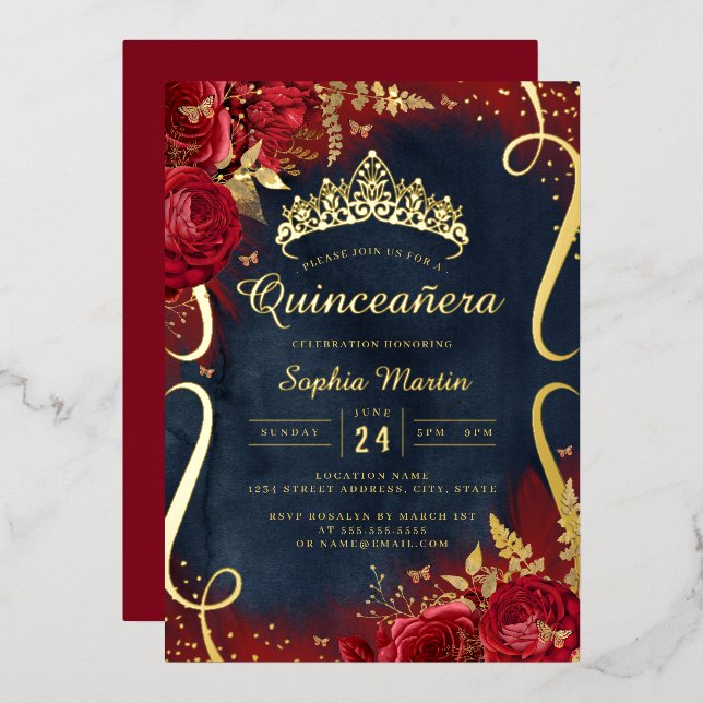 Red Gold Navy Floral Scroll Quinceanera  Foil Invitation (Front/Back)