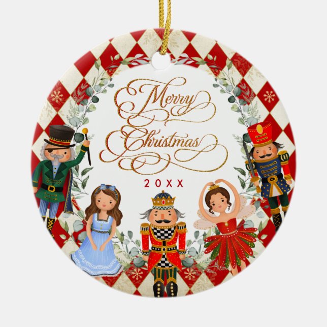 Red Gold Nutcracker Ballet Merry Christmas Party Ceramic Ornament (Front)