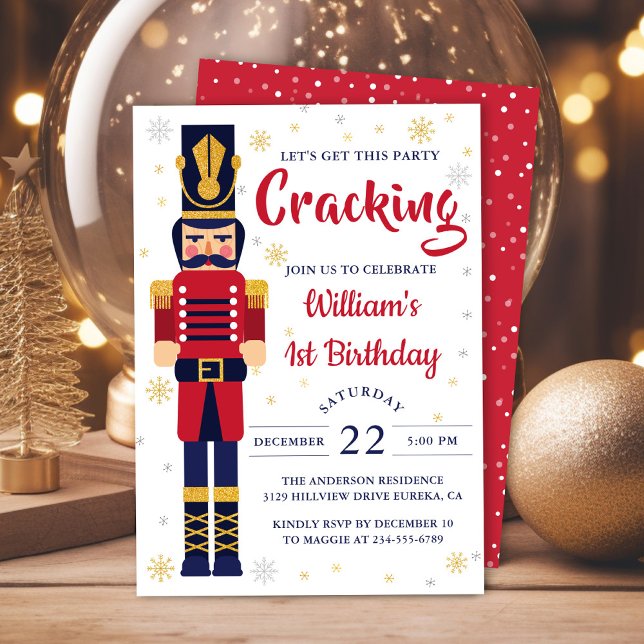 Red Gold Nutcracker Christmas Birthday Party Invitation (Creator Uploaded)