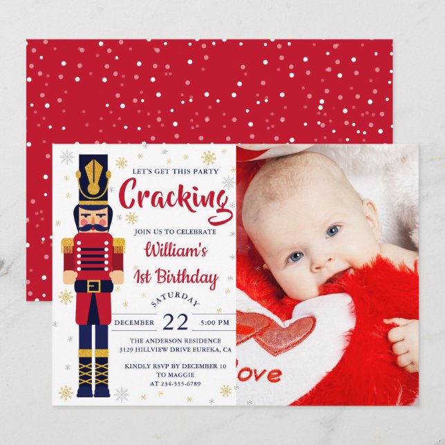 Red Gold Nutcracker Christmas Birthday Photo Invitation (Front/Back)