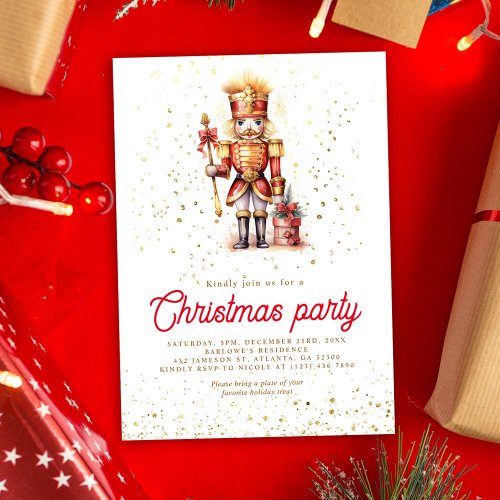 Red Gold Nutcracker Christmas Party Invitation