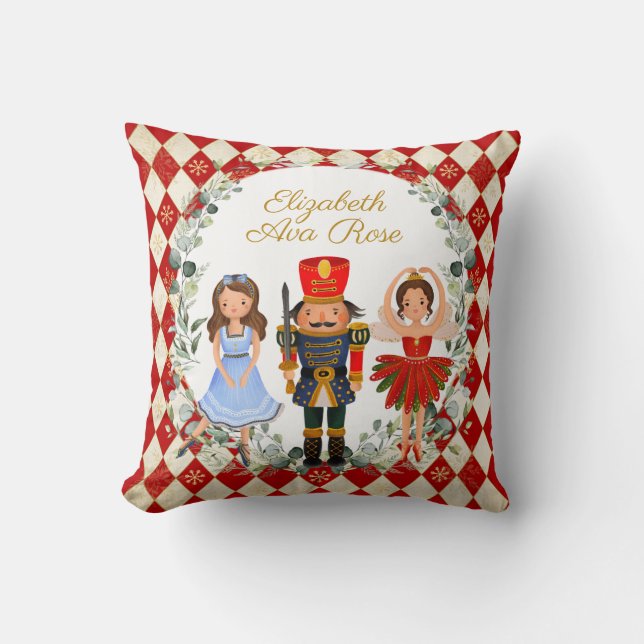 Red Gold Nutcracker Holiday Leafy Wreath Nursery Throw Pillow (Front)