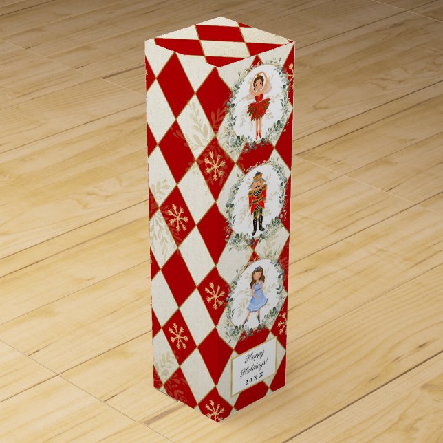 Red Gold Nutcracker Holiday Wreath Party Favors Wine Box (Front)