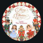 Red Gold Nutcracker Merry Christmas Party Favors Classic Round Sticker<br><div class="desc">This adorable round sticker features magical characters from one of the most loved Christmas tales of all time, The Nutcracker. Use the text fields to personalize the tags with your own wording and details. Click the "customize further" button if you wish to re-arrange and format the style and placement of...</div>