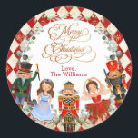 Red Gold Nutcracker Merry Christmas Party Favors Classic Round Sticker<br><div class="desc">This adorable round sticker features magical characters from one of the most loved Christmas tales of all time, The Nutcracker. Use the text fields to personalize the tags with your own wording and details. Click the "customize further" button if you wish to re-arrange and format the style and placement of...</div>