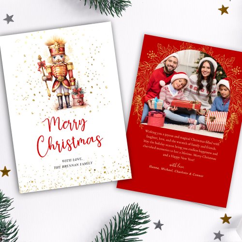 Red Gold Nutcracker Photo Merry Christmas Holiday Card