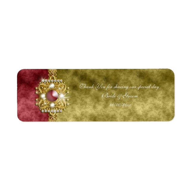 Red gold olive damask wedding label (Front)