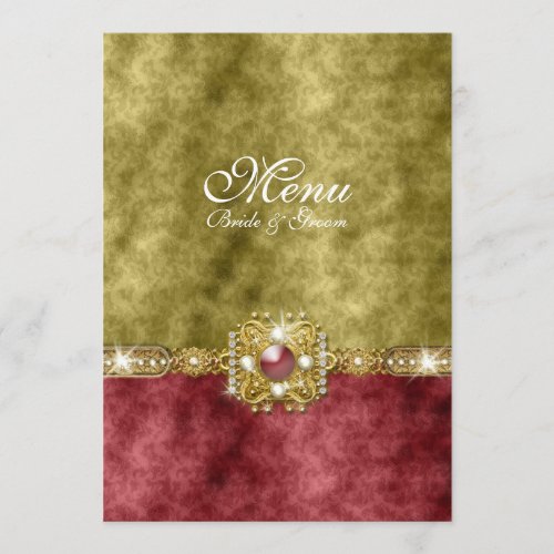 Red gold olive damask wedding menu