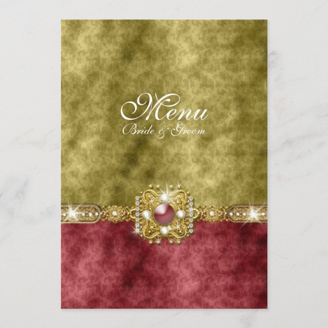 Red gold olive damask wedding menu (Front)