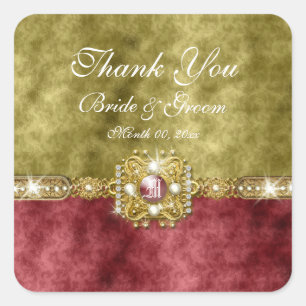 Red gold olive damask wedding square sticker