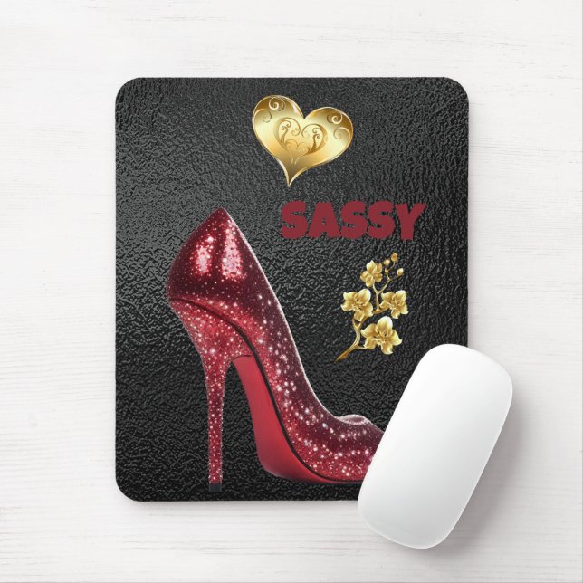 Red & Gold on Black High Heel Shoe | Mouse Pad (With Mouse)
