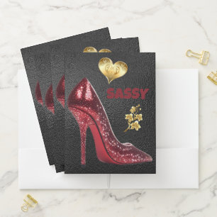 Red & Gold on Black High Heel Shoe Pocket Folder
