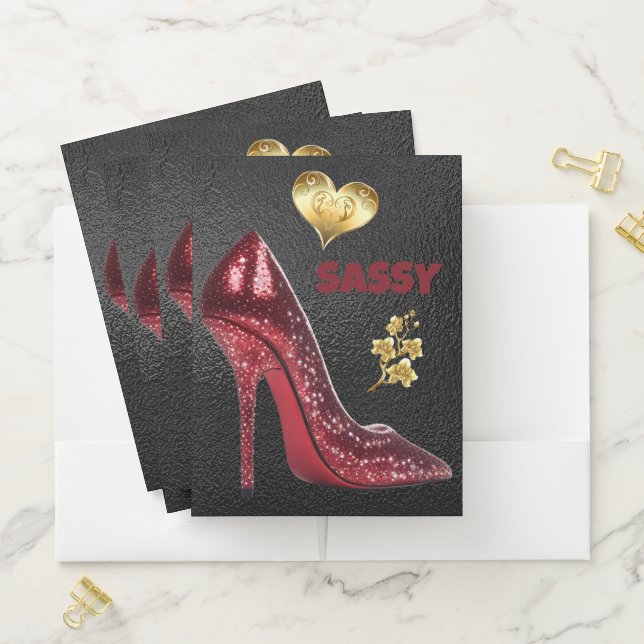 Red & Gold on Black High Heel Shoe | Pocket Folder (In Situ)