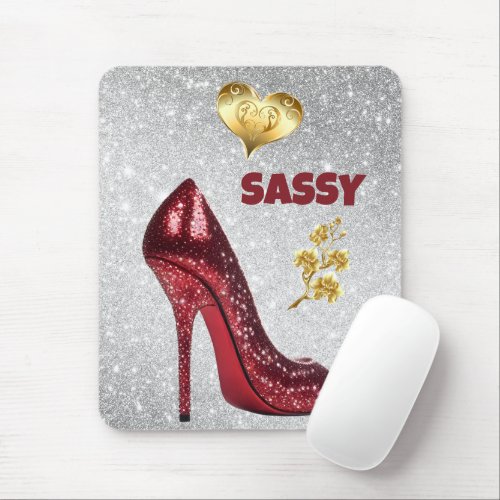 Red  Gold on silver High Heel Shoe  Mouse Pad