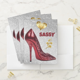 Red & Gold on silver High Heel Shoe Pocket Folder