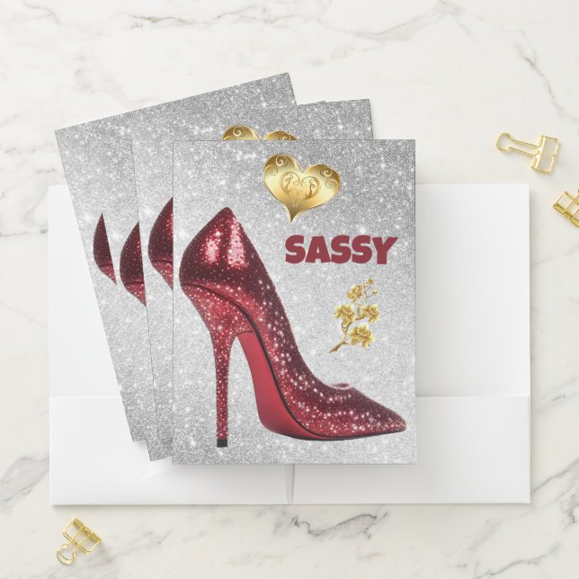 Red & Gold on silver High Heel Shoe | Pocket Folder (In Situ)