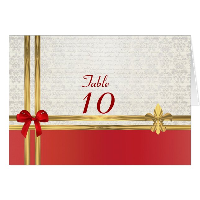 Red & gold on white damask table number (Front Horizontal)